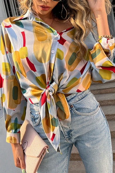 Vintage Womens Shirt Contrast Color Patchwork Button Placket Spread Collar Long Sleeve Regular Fit Shirt