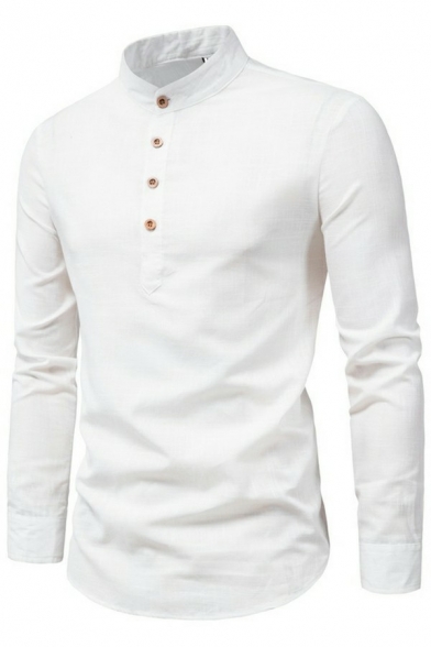 Basic Mens Shirt Plain Button Closure Stand Collar Regular Fit Shirt