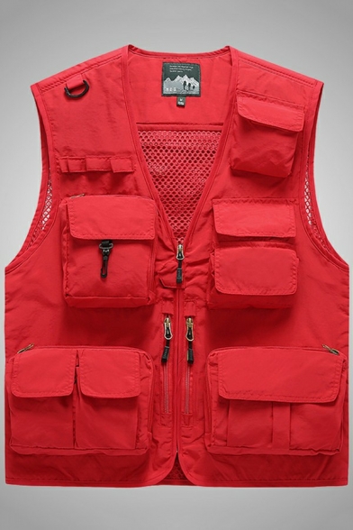 Breathable Mens Grid Vest V-neck Pure Color Zip Closure Regular Fit Vest