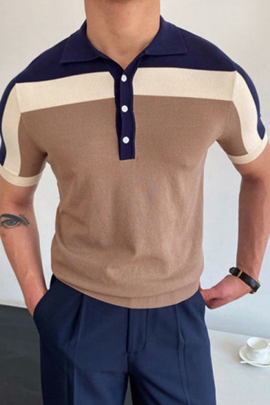Chic Men Polo Shirt Striped Printed Spread Collar Short Sleeve Slim Button Fly Polo Shirt