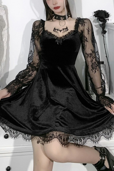 Edgy Girls Dress Solid Square Neck Long Sheer Sleeve Midi Lace A-Line Dress