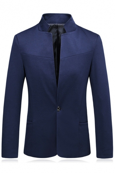 Fashionable Mens Blazer Plain Stand Collar Skinny Long Sleeve Single Button Suit Blazer