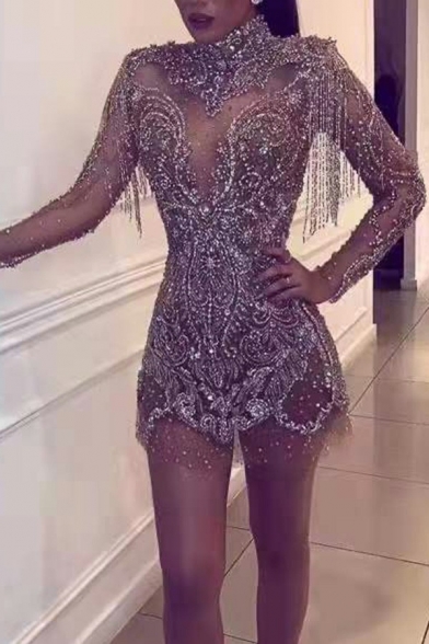 Luxury Sheath Sheer Dress Stand Collar Hollow Out Fringe Detail Long Sleeve Sequined Mini Dress for Women