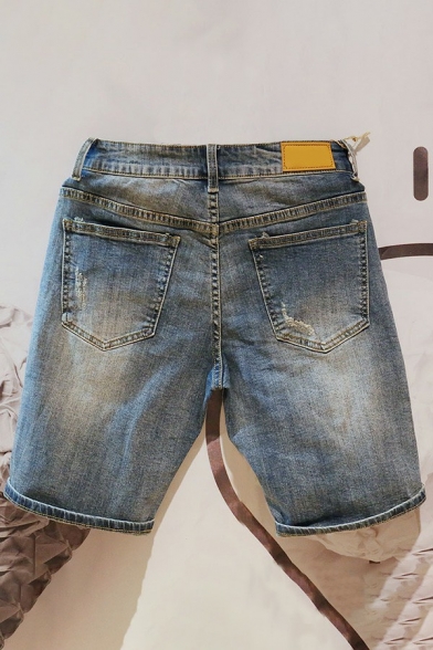 Men's Fashion Denim Shorts Plain Side Pocket Distressed Detail Button Fly Denim Shorts