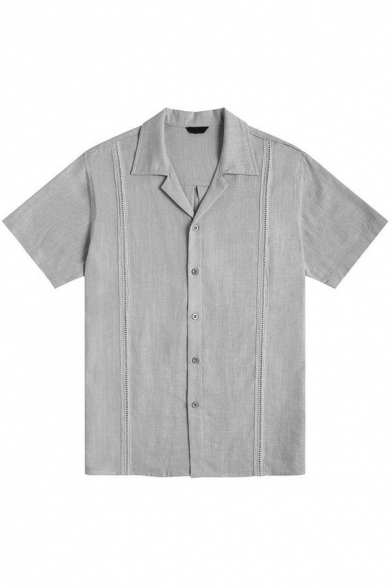 Modern Mens Shirt Plain Short Sleeve Notched Collar Regular Fit Button Shirt