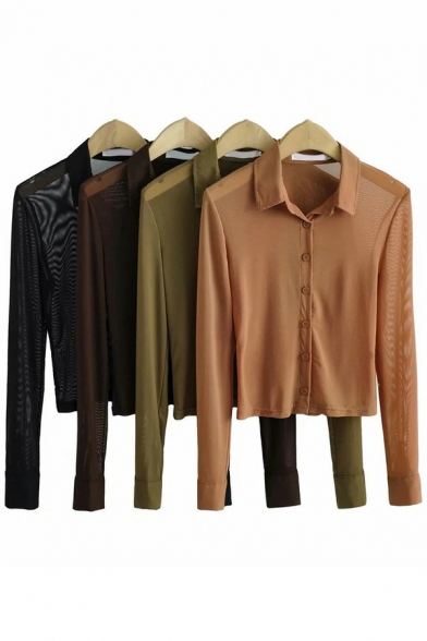 Simplicity Womens Sheer Shirt Plain Turn-Down Collar Button Closure Long Sleeve Slim Fit Shirt