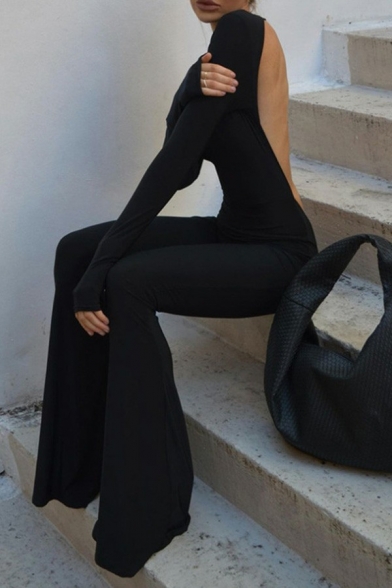 Stylish Womens Jumpsuits Crew Neck Hollow Out Long Sleeve Slim Fit Flared Jumpsuits in Black