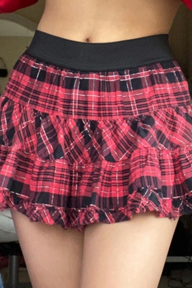 Trendy Girls Skirt Plaid Elastic Waist High Rise Mini Tiered Skirt