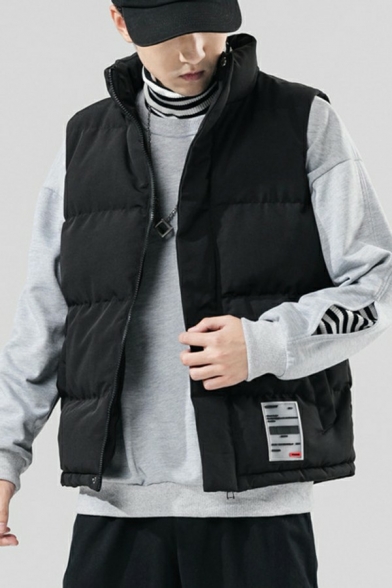 Trendy Guys Vest Stand Collar Pure Color Zip Closure Regular Fit Vest with Pocket