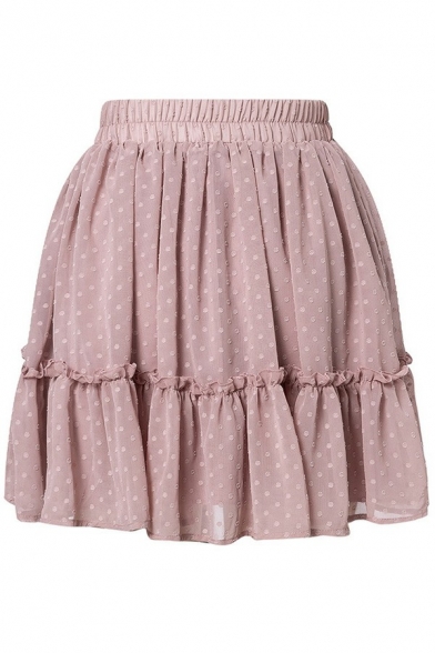 Trendy Ladies Skirt Polka Dot Drawstring Waist Ruffle Mini Tulle Skirt
