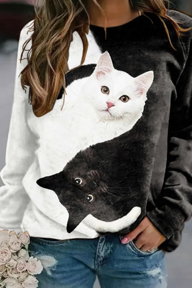 Trendy Womens Sweatshirt 3D Cat Pattern Crew Neck Long Sleeve Regular Fit Pullover Sweatshirt