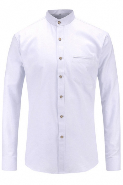 Vintage Mens Shirt Plain Long Sleeve Stand Collar Regular Fit Button Shirt