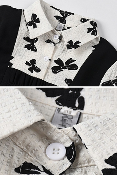 Vintage Womens Swing Dress Lapel Collar Fake Two Pieces Sashes Detail Bow Print Puff Sleeve Midi Dress