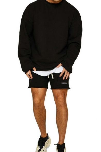 Athletic Co-ords Plain Long Sleeve Crew Neck Sweatshirt with Shorts Fitted Co-ords for Men