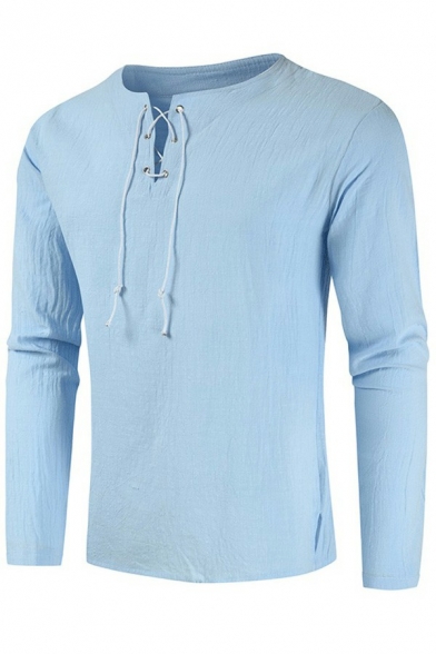 Basic Mens Drawstring T-Shirt Plain Long Sleeve Regular Fit T-Shirt