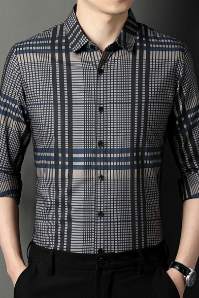 Basic Mens Shirt Stripe Print Button Closure Turn-down Collar Regular Fit Shirt