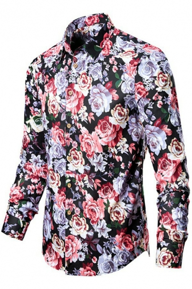 Boy's Urban Shirt Floral Pattern Turn-down Collar Long-Sleeved Fitted Button Fly Shirt