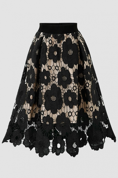 Elegant Ladies Skirt Flowers Print Lace Elastic Waist Mid Rise Hollow Midi Flared Skirt