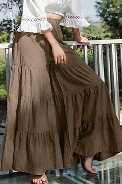 Elegant Womens Pants Solid Color Elastic Waist Mid Rise Ruffle Skirt
