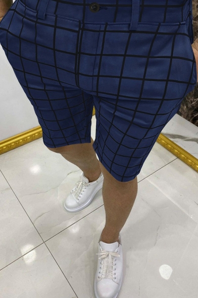 Fancy Shorts Checked Print Pocket Mid Rise Slimming Button Placket Shorts for Guys