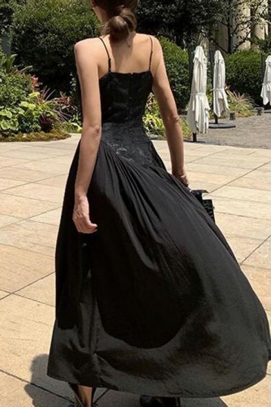 Funky Womens Cami Dress Spaghetti Straps Maxi Dress in Black