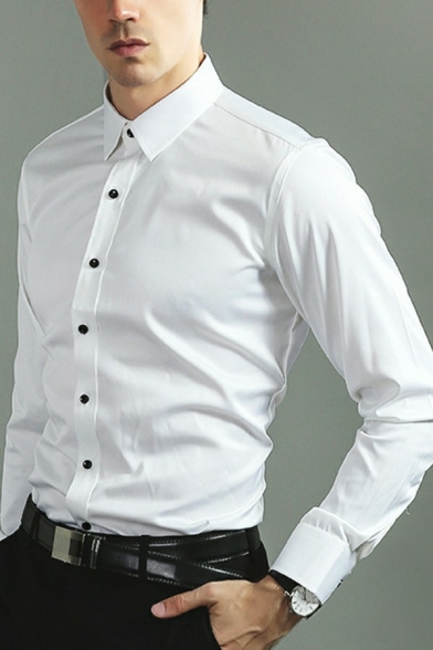 Hot Guys Shirt Pure Color Turn-down Collar Long-Sleeved Regular Fit Button Placket Shirt