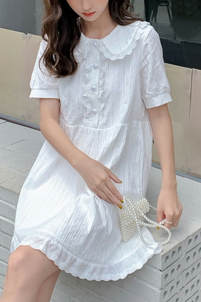 Leisure Girls Smock Dress Peter Pan Collar Solid Color Button Detail Short Sleeve Mini Dress with Ruffles