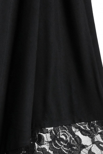 Leisure Ladies Slip Solid Lace Half Sleeve Asymmetrical Hem Midi Flare Dress