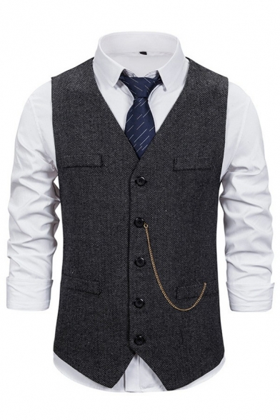 Men's Simple Suit Vest Plain Chain Decoration Single Breasted V-Neck Regular Fit Suit Vest
