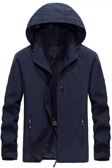 Popular Guys Coat Pure Color Long Sleeve Hooded Regular Pocket Detailed Zip Down Jacket
