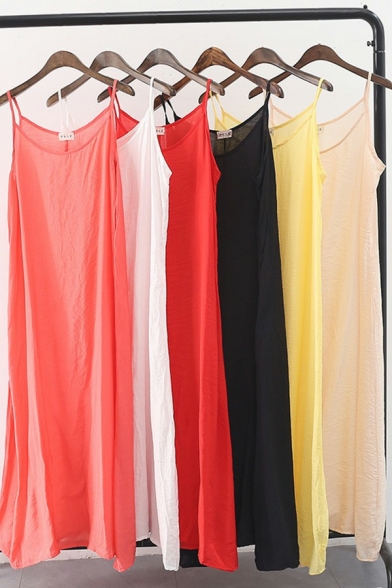 Simple Womens Thin Cami Dress Solid Color Spaghetti Straps Loose Fit Maxi Dress