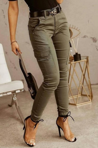 Street Look Womens Pants Solid Zip Fly Flap Pockets Elastic Cuffs Mid Rise Ankle Length Slim Cargo Pants