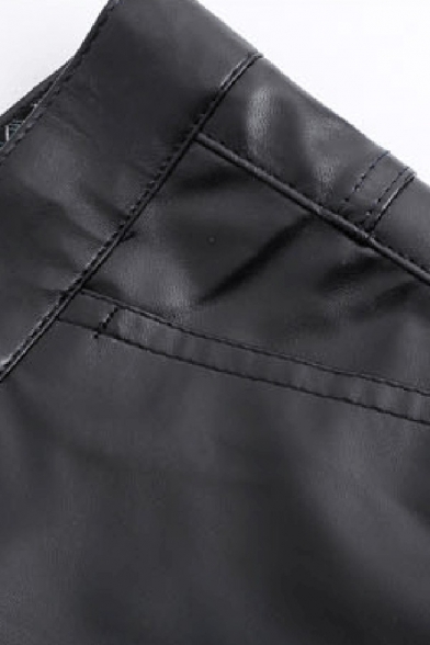 Basic Mens Pants PU Leather Pocket Detail Zip Placket Mid Rise Full Length Regular Fit Pants in Black
