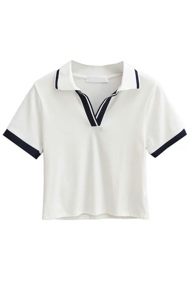 Casual Knit Polo Shirt Spread Collar Contrast Trim Short Sleeve Cropped Polo Shirt for Ladies