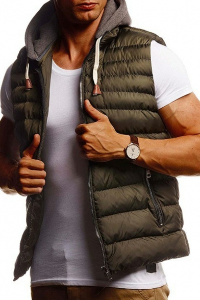 Casual Vest Whole Colored Hooded Sleeveless Regular Fit Drawstring Zip down Vest for Men