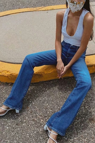 Casual Womens Jeans Midwash Blue Zip Closure High Waist Bootcut Denim Pants
