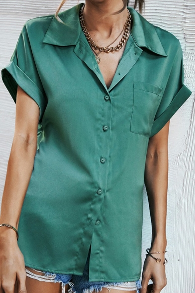 Chic Womens Satin Shirt Spread Collar Pure Color Button Up Regular Fit Short Sleeve Shirt
