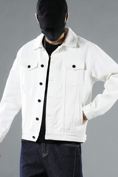 Classic Jacket Plain Flap Pocket Spread Collar Long Sleeve Button up Denim Jacket for Guys