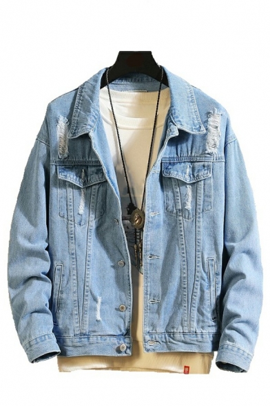 Daily Men Jacket Plain Distressed Design Button Closure Spread Collar Pocket Detail Denim Jacket