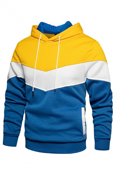 Edgy Men Hoodie Color-blocking Front Pocket Long Sleeves Fitted Hooded Drawstring Hoodie