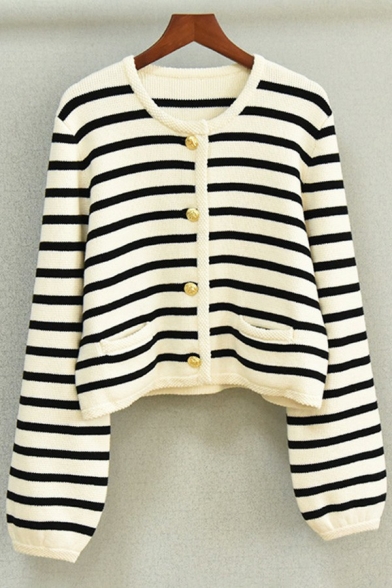 Edgy Womens Sweater Striped Pattern Round Neck Single Breasted Long Sleeve Cropped Cardigan