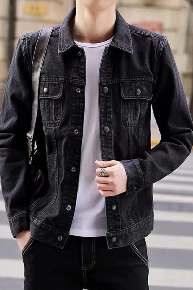 Elegant Jacket Solid Color Pocket Spread Collar Regular Button Fly Denim Jacket for Men