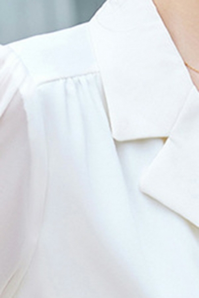 Elegant Ladies Shirt Plain Notched Lapel Short Sleeve Single Breasted Shirt