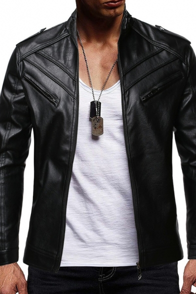 Guys Basic Jacket Solid Stitching Front Pocket Zip Closure Stand Collar Leather Jacket