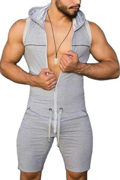 Hip-hop Rompers Line Printed Hooded Sleeveless Zipper Drawcord Pocket Rompers for Men