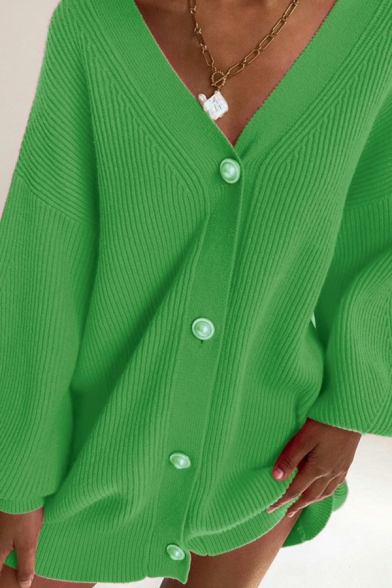 Leisure Ladies Sweater Plain V-Neck Single Breasted Long Sleeve Oversized Cardigan