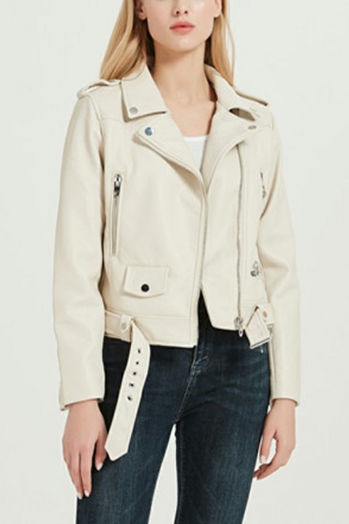 Leisure Womens PU Jacket Plain Notched Lapel Collar Zipper Up Slim Fit Belted PU Jacket