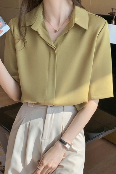 Leisure Womens Shirt Plain Spread Collar Single Breasted Short Sleeve Shirt
