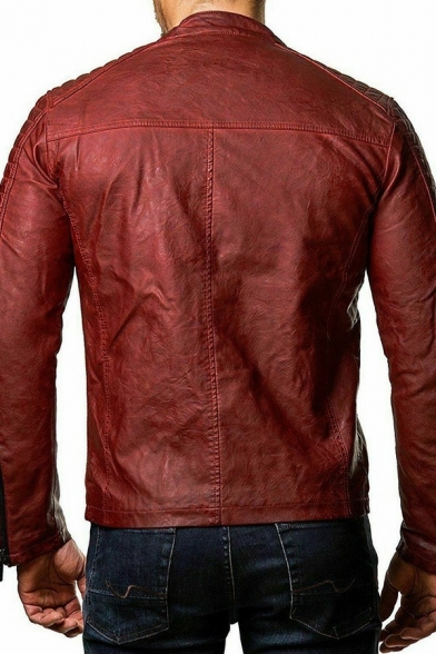 Men Simple Leather Jacket Plain Stand Collar Zipper Pleated Pocket Leather Jacket