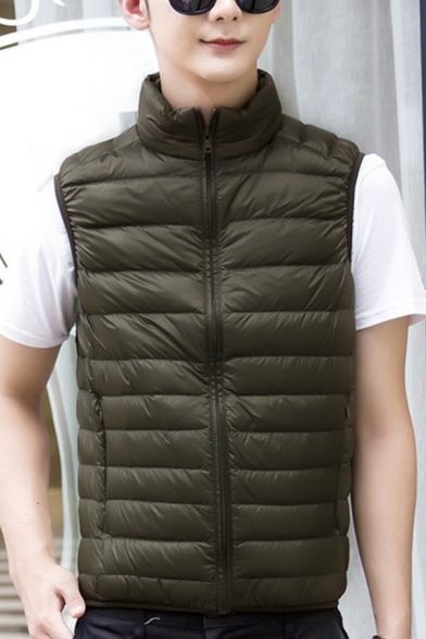 Pop Waistcoat Pure Color Pocket Stand Collar Regular Fitted Zip Fly Vest for Guys